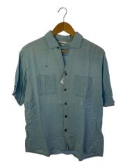 50-60s/半袖シャツ/L/リネン/カスリ/BLU