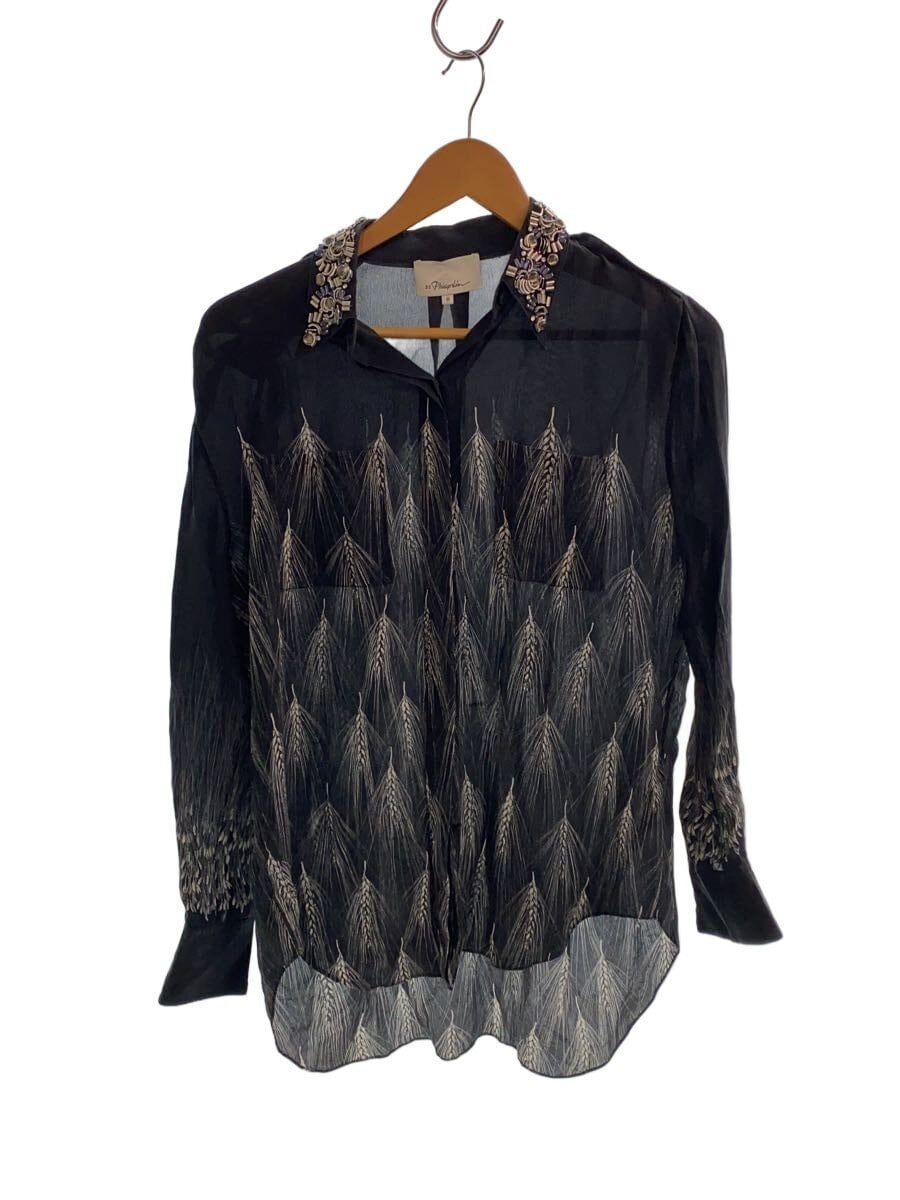 3.1 Phillip Lim / 長袖ブラウス/0/シルク/BLK/総柄/襟元ビジューシルクブラウス