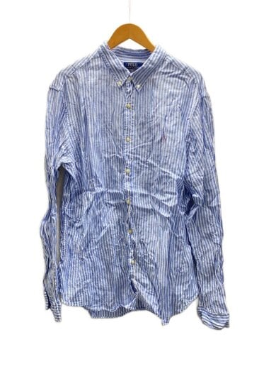 商品画像：ボタンダウンシャツ/長袖シャツ/XXL/リネン/BLU/ストライプ// 1