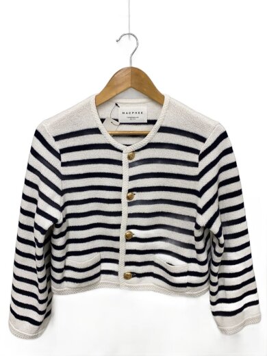 商品画像：ハーフミラノクルーネックカーディガン/S/コットン/WHT/ボーダー/12-02-42-02204 1