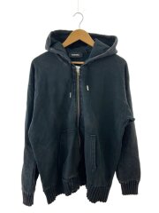 ダメージ加工/フェード/リブニット/ジップパーカー/M/コットン/BLK/無地