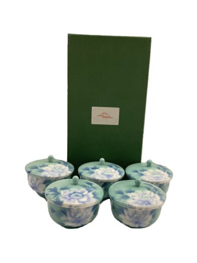 画像：深川製磁白牡丹/蓋付き/湯呑/5点セット/WHT/有田焼1