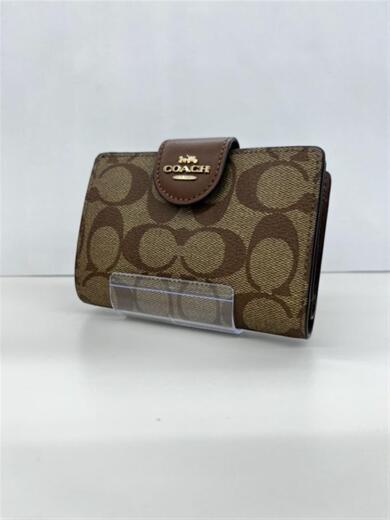 画像：COACHミディアム コーナー ジップ ウォレット シグネチャー キャンバス/BRW/総柄/レディース/C00821