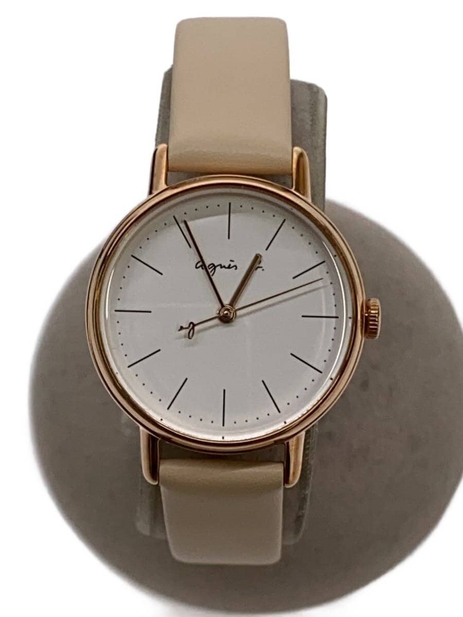 agnes b. / クォーツ腕時計/アナログ/レザー/WHT/BEG/SS/FCSK901