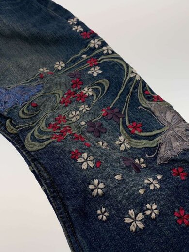 商品画像：絡操魂/ストレートパンツ/L/デニム/BLU/花柄 7