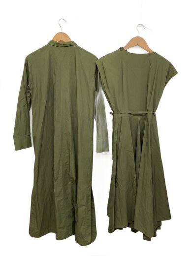 商品画像：シャツワンピース/襟ヨゴレ有/紐ヨゴレ有/状態考慮/コットン/KHK/無地/ls057 2