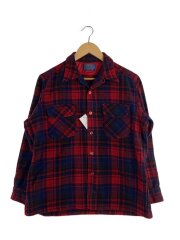 70s Open Collar Check Wool Flannel Shirt/L/レッド/リサイズ有