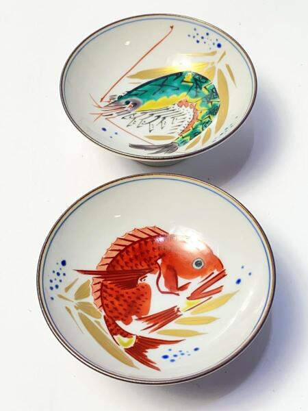 九谷焼(クタニヤキ) / 加登明雄/海の幸盃/色絵盃/海老/鯛/2客セット/共 