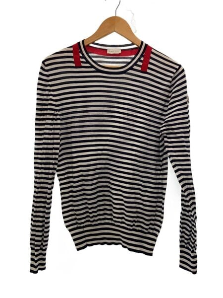 MONCLER / フロントシミ有/ニット・セーター(薄手)/S/コットン/WHT/ボーダー/B10919001300 MONCLER(モンクレール) / フロントシミ有/ニット・セーター(薄手)/S