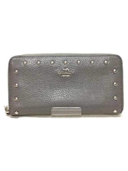 COACH(コーチ) / スタッズ/ラウンドファスナー/長財布/レザー/グレー 