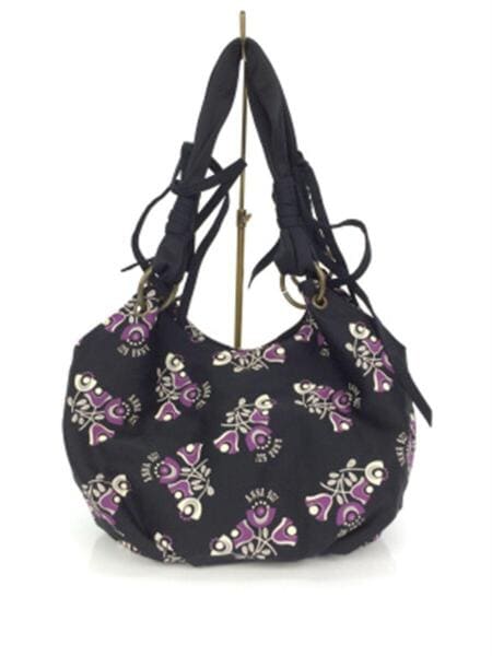 アナスイ 黒 花柄 バッグ 美品花柄刺繍の黒いツイードバッグむらさきお花