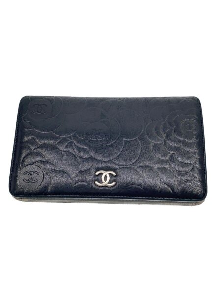 CHANEL(シャネル) / カメリア/型押し/2つ折り財布/レザー/BLK/総柄 