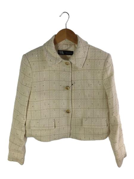 【新品タグ付】ホワイト ショートテクスチャージャケット　ツイード　ゴールドボタン 洗える＆防シワ！【WEB限定！WHITEJOOLA】ノーカラーツイード