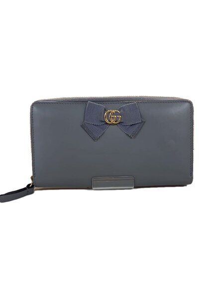 グッチ長財布 GGマーモント リボン グレー ラウンドジップ
