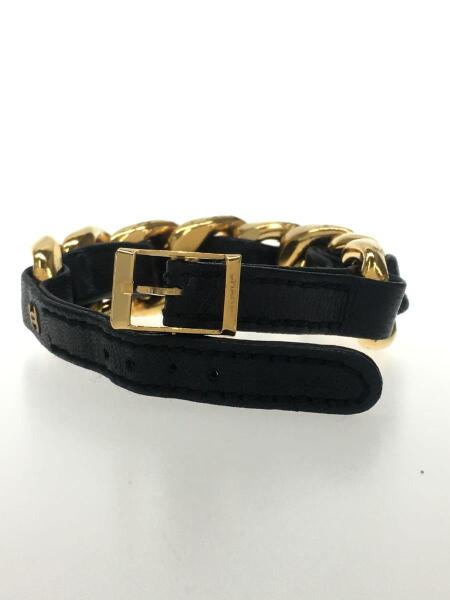 CHANEL ゴールド ブラックチェーン　レザー ブレスレット 希少】シャネル チェーンブレスレット マトラッセ ロゴプレート レザー
