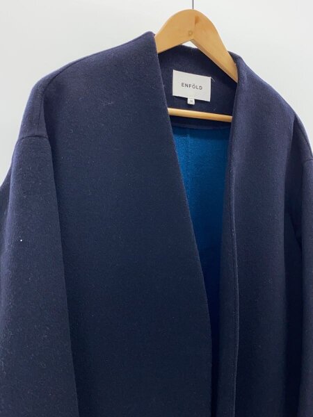 ENFOLD ウールリバーノーカラーロングコート 紺×青 38 バイカラー 